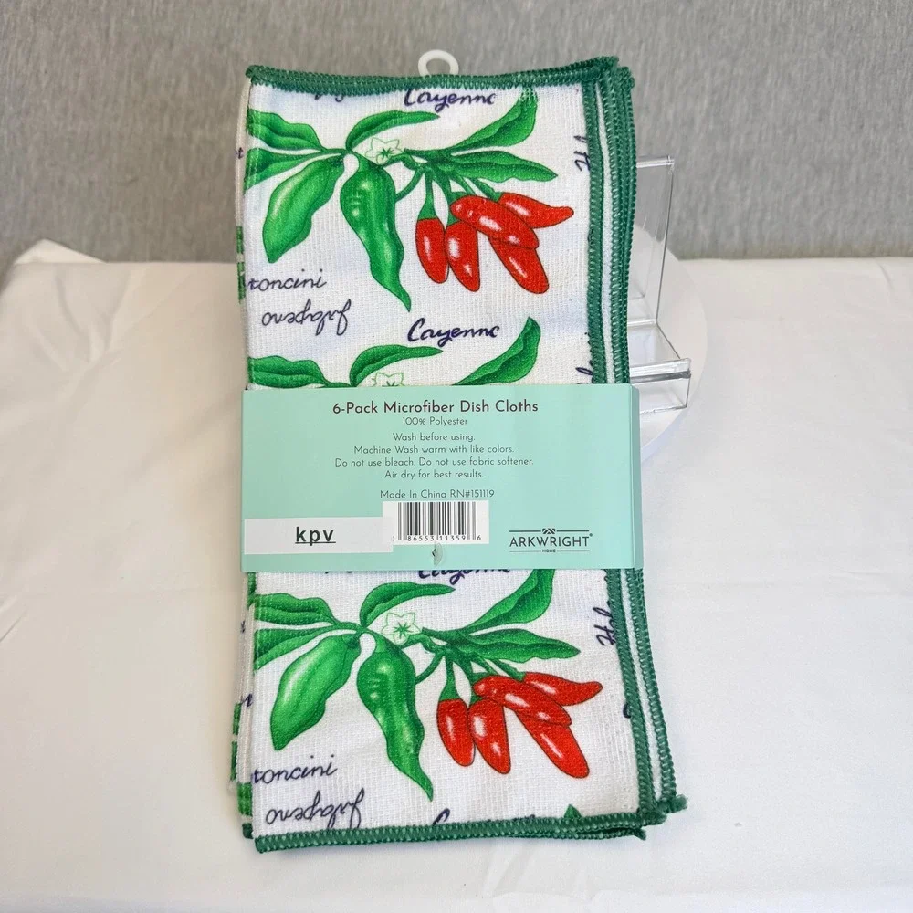 The Sloppy Chef 6-Pack Microfiber Dish Cloths Chili Pepper Print 12x12 New
